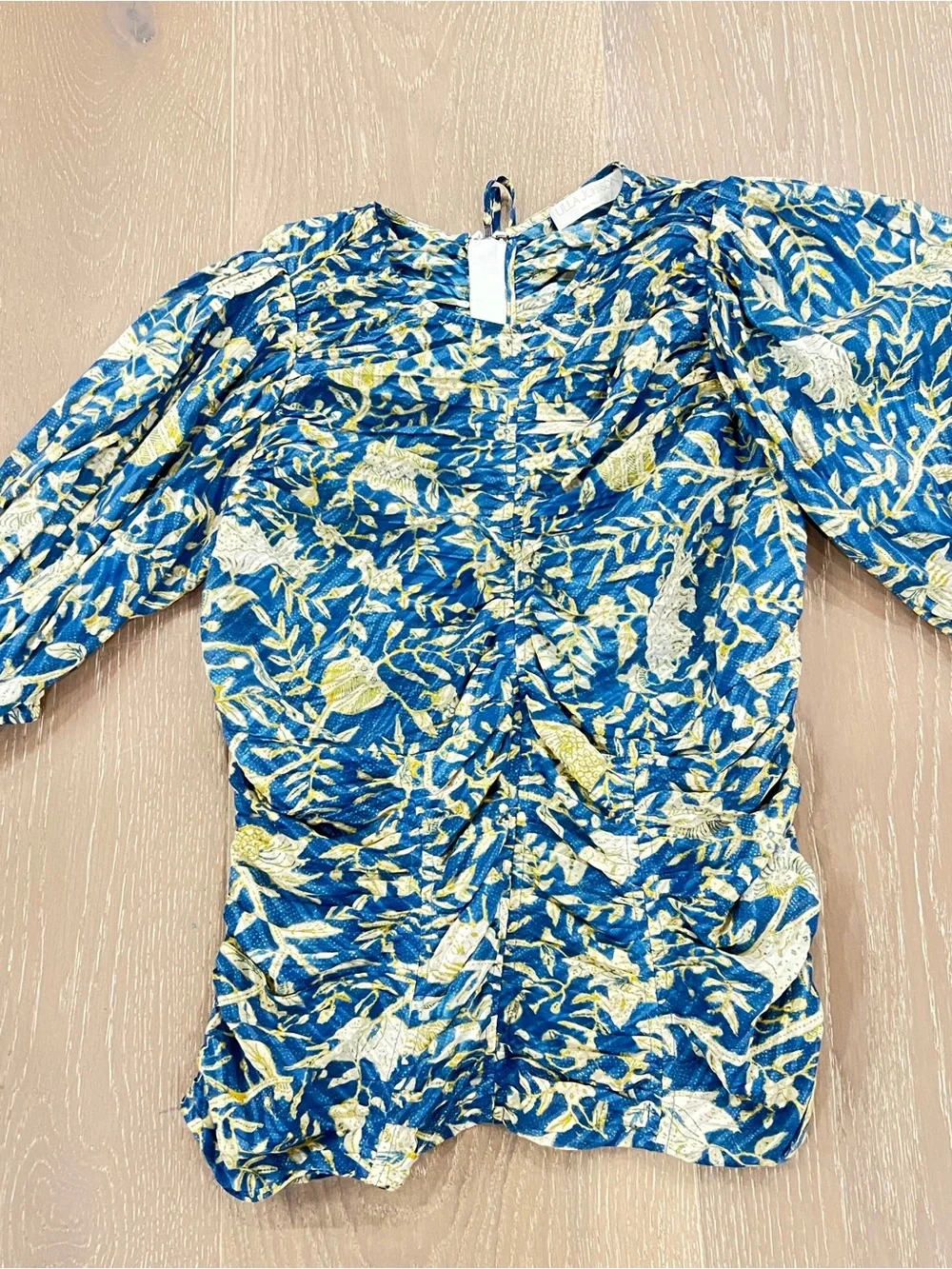 Ulla Johnson Blue and Yellow Ruched Puff-Sleeve Blouse